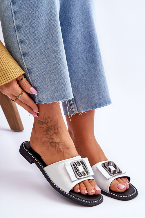 Dámske kožené papuče s kamienkami S. Barski KV-2775-33 Silver