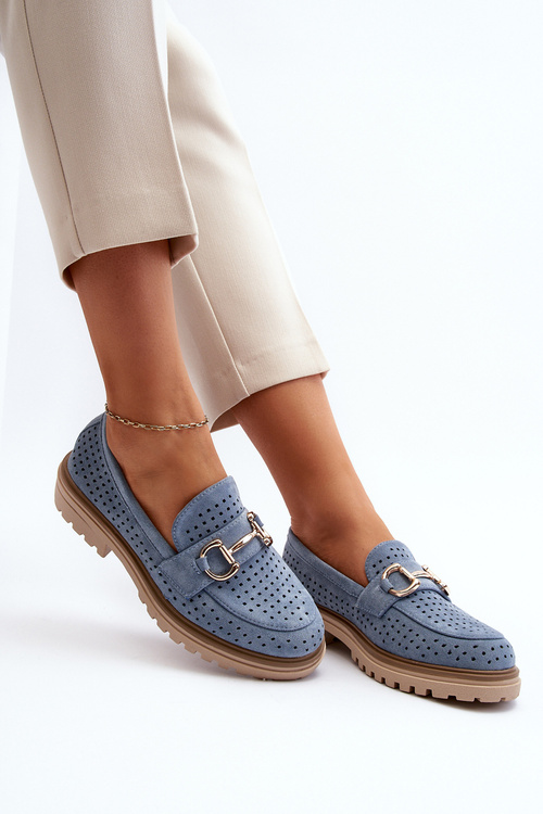 Dámské modré mokasíny s vyšívanými detaily a ozdobou Talesse