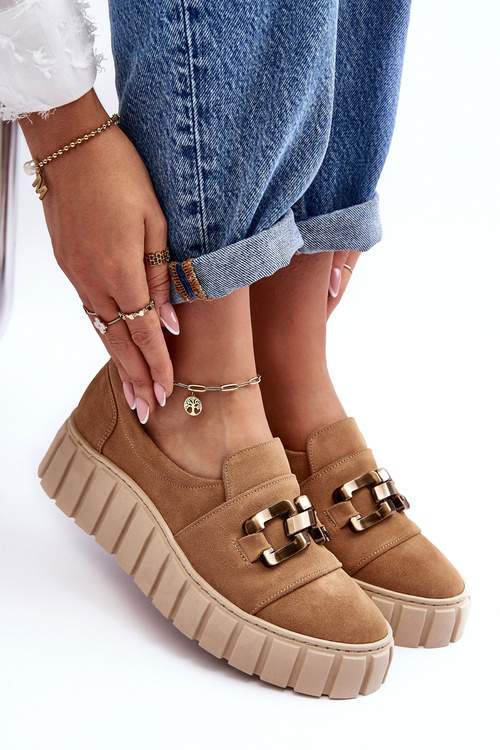 Zamszové dámské polobotky na platformě s ozdobou tmavě béžové Lewski 3398