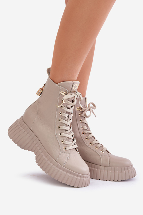Kožené Čižmy Na Platforme Na Zips S Dekoratívnym Zámkom CheBello 4517 Béžové