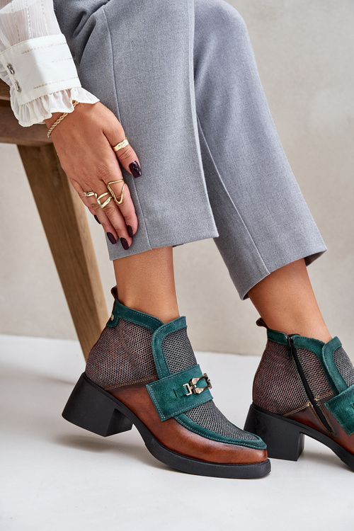 Kožené dámské kotníkové boty na masivním podpatku s ozdobou Maciejka 06747-29 Hnědo-zelené