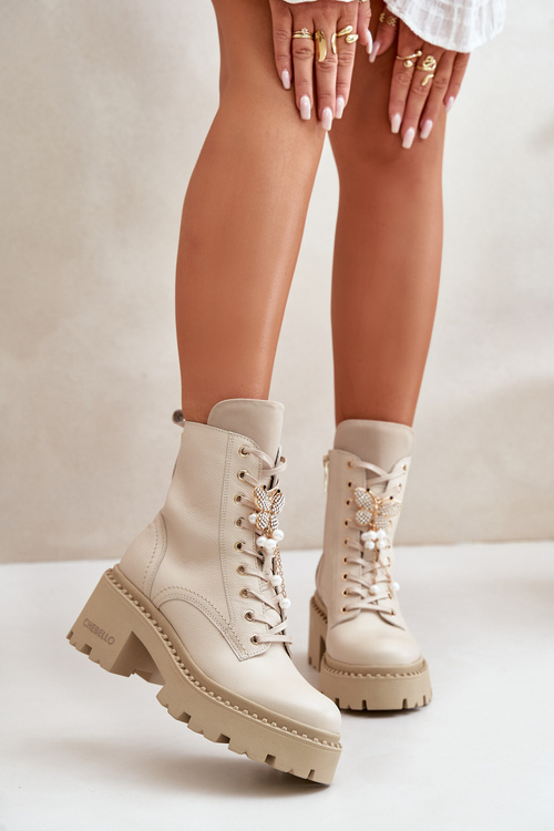 Kožené Boty Worker Dámské S Motýlem Béžové CheBello 4590