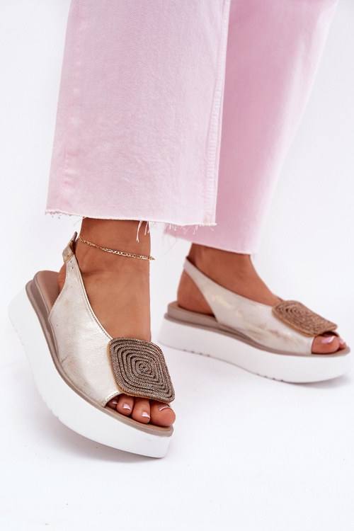 Zazoo 1786 Kožené Dámske Sandále Na Platforme S Dekoráciou Zlaté Ošúchané