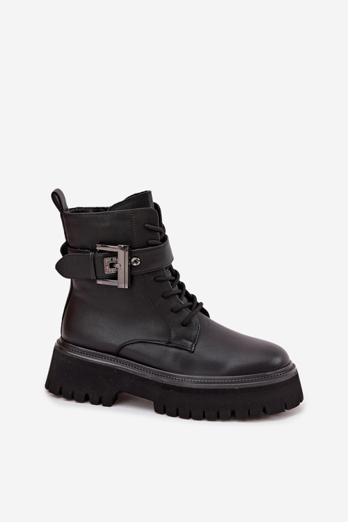 Kožené workery dámské zateplené s ozdobnou sponou D&A MK52-032 Černé