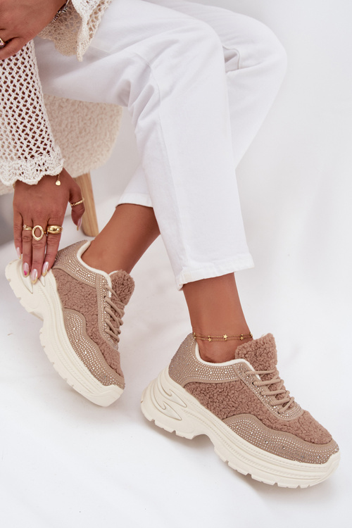 Dámské tenisky s krystaly a beránkovým kožíškem béžové Zarika