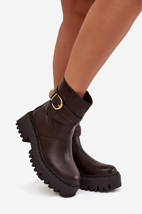 Zateplené dámské kozačky se zlatou sponou čokoládové Elanore