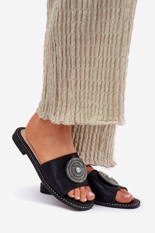 Dámské Pantofle Na Plochém Podpatku S Ozdobou S.Barski KV51-013 Černé