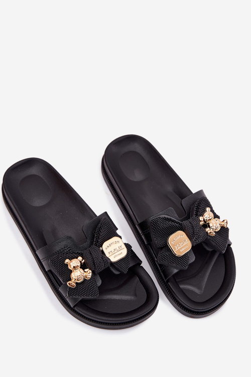 Dámske Pantofle S Mašľou A Zlatou Brošňou Čierne Lynara