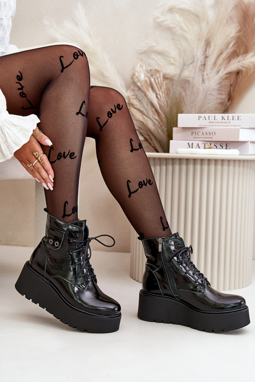 Zazoo 60499 Lakované Dámské Botky Na Platformě A Klínu Zateplené Přírodní Kůže Tmavě Zelené