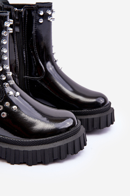 Lakové Botky Sztyblety Dívčí Zdobené Džetami Černé Adelie