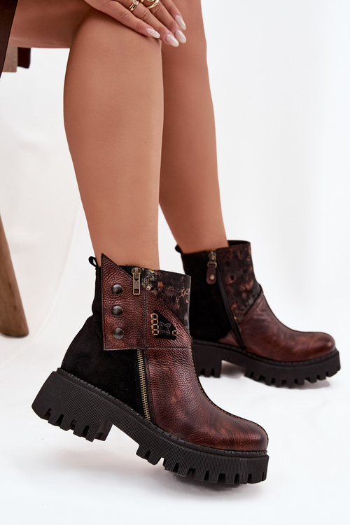 Kožené zateplené čižmy na platforme a plochom podpätku Maciejka 06140-02 hnedé