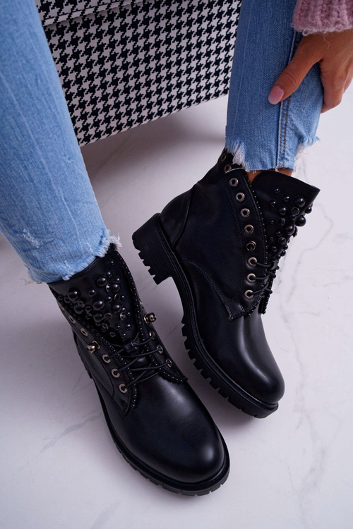 Dámske topánky s perlami teplý čierny memér