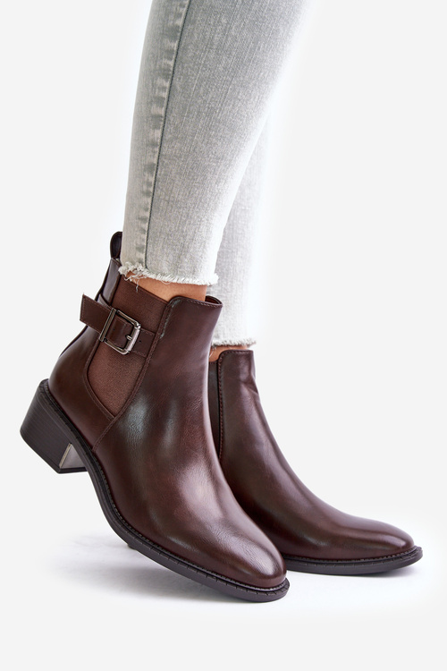 Dámské Kotníkové Boty Na Nízkém Podpatku Se Zlatou Sponou Hnědé Vomera