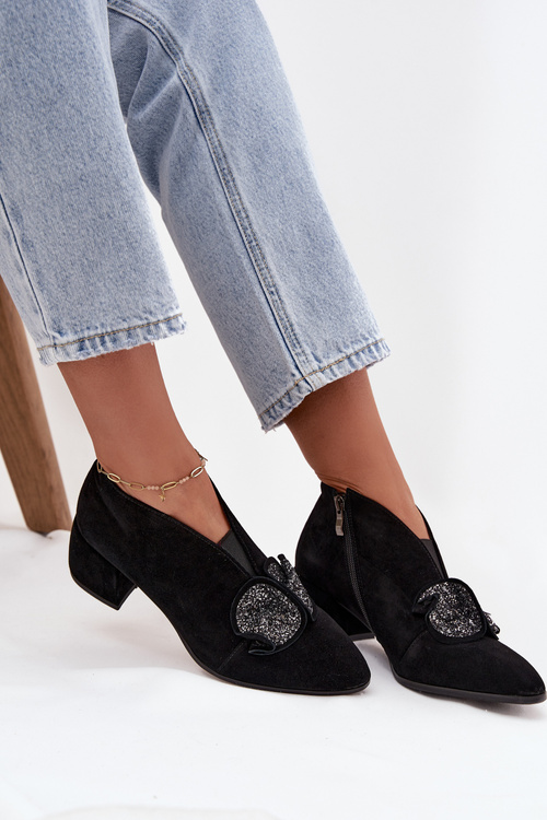 Kožené semišové dámske čižmy na opätku s ozdobou D&A MR52-182 Čierne