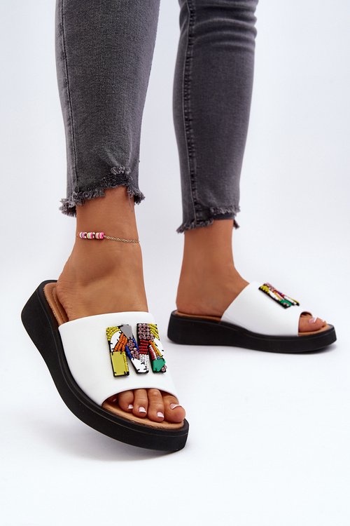 Dámska kožená platforma Flip -flops s dekoráciou béžová monroe