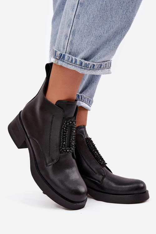 Kožené dámské kotníkové boty na klínu s ozdobou D a JC52-869 Černé