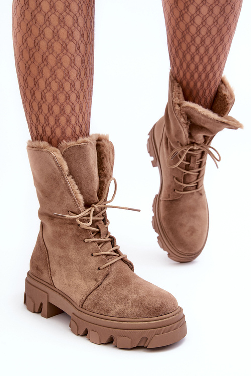 Suede Lace -up Boots Workers s kožušinou tma