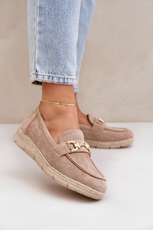 Dierované Mokasíny So Zlatým Detailom A Jutovou Pleteninou Béžové Lainer