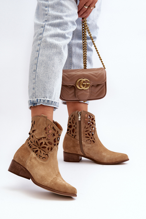 Průsvitné kotníčkové kovbojky se zvýšenou podpatkem z semiše Zazoo 3404 Beige