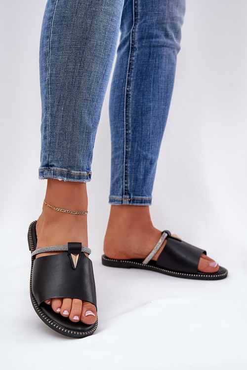 Eko Kožené Šľapky Na Plochosť S Dekoratívnym Pásom Čierne Hirtewi