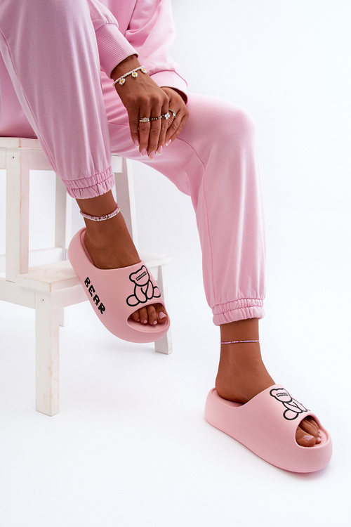 Dámské pěnové pantofle na masivní podrážce s medvědem růžové Lamira