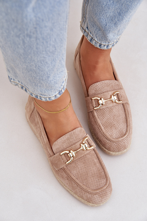 Dierované Mokasíny So Zlatým Detailom A Jutovou Pleteninou Béžové Lainer