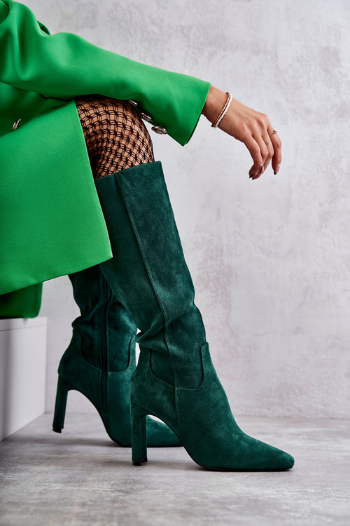 Dámské kozačky na podpatku ke kolenům tmavě zelené Truly Love
