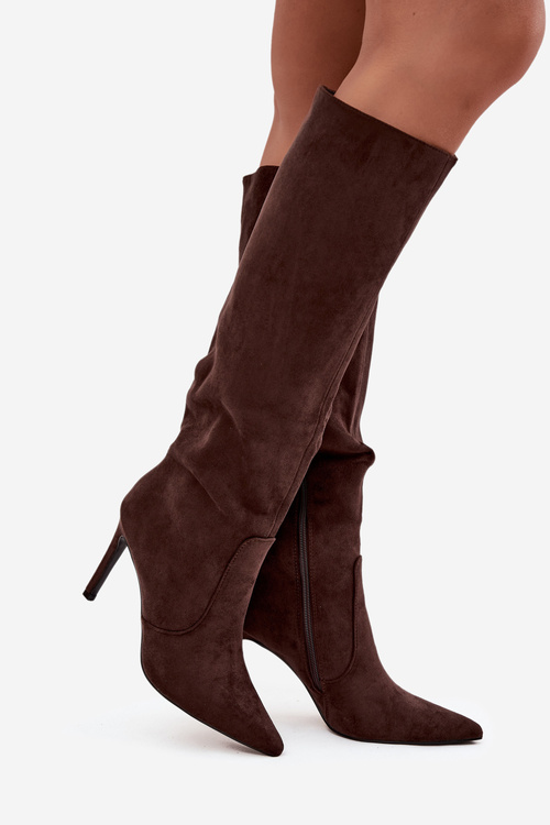 Zateplené dámské kozačky na jehlovém podpatku z eko semiše čokoládové Rosavine