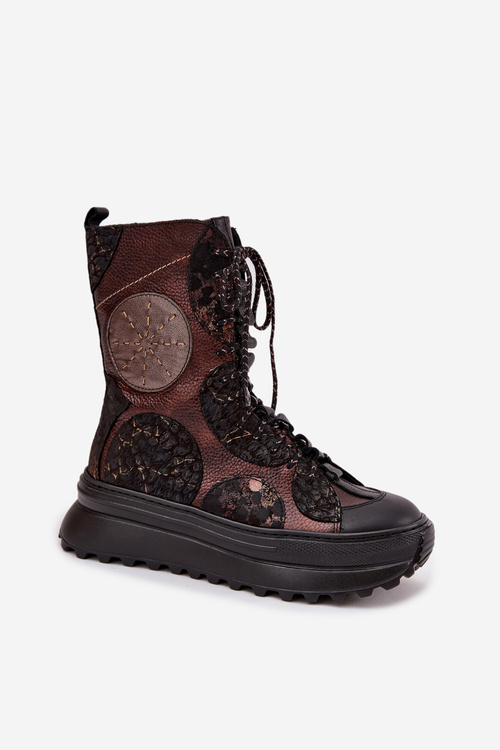 Kožené členkové topánky na platforme s podšívkou Maciejka 06565-02 hnedo-zlaté