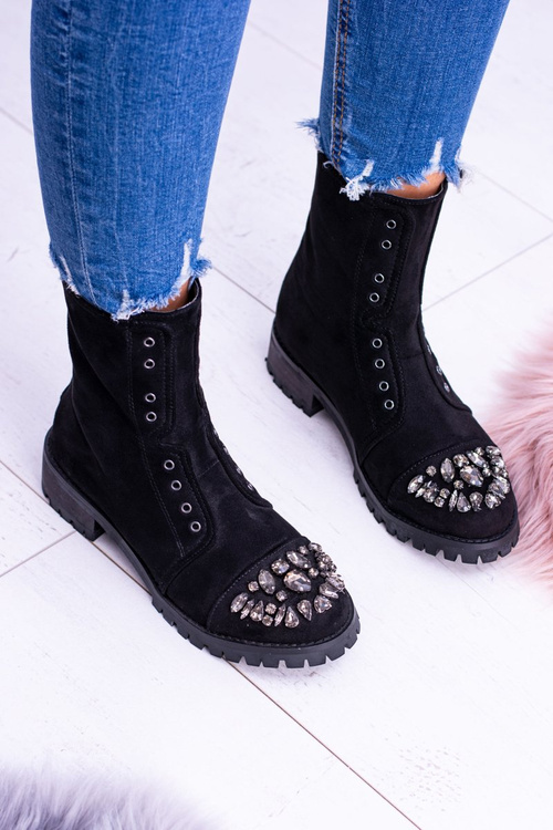 Lu Boo Čierne dámske členkové topánky kamienky Suede Carrie