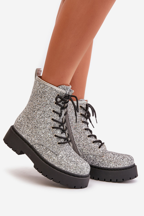 Zateplené boty workerky dámské zdobené flitry stříbrné Liatheine