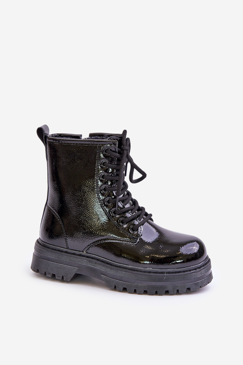 Zateplené dievčenské čižmy lakované na zips čierne Novita
