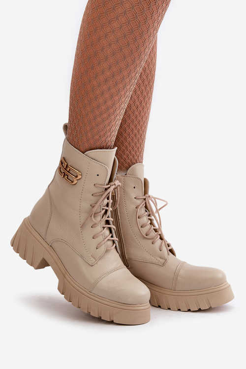 Zazoo 60486 Kožené Čižmy Worker Zateplené So Zlatým Detailom Svetlo Béžové