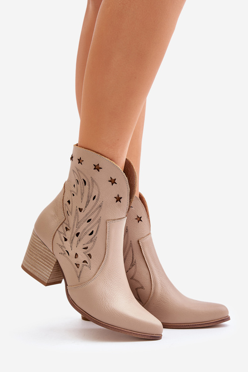 Děrované Kožené Krajkové Boty Na Podpatku Béžové Lewski 3613