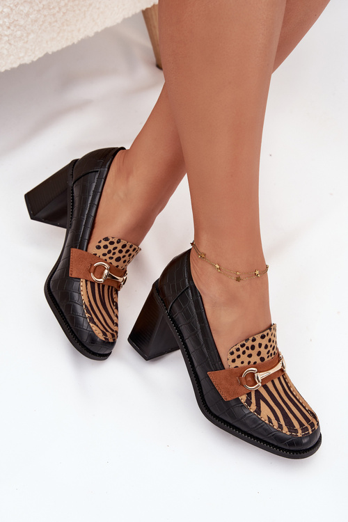 Dámské polobotky na podpatku s výstupky a zlatým detailem Černo-bežové Novella