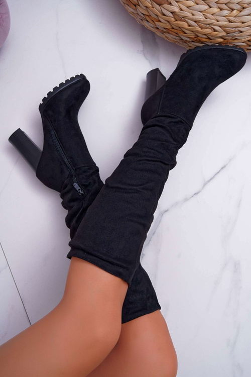 Dámské Kozačky Na Vysokém Podpatku Semišové Černá Marion