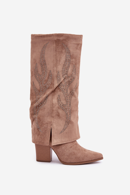 Zdobené Kozačky S Ohnutým Štítem Na Podpatku Tmavě Béžové Ivilta