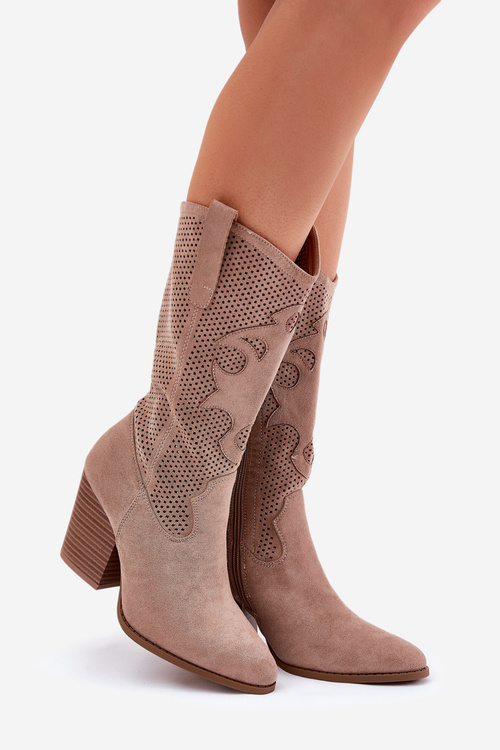 Děrované Kozačky Kovbojské Na Podpatku Béžové S.Barski HY51-606