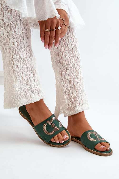 Dámske Ploché Papuče S Flitrami S.Barski KV27-052 Zelené