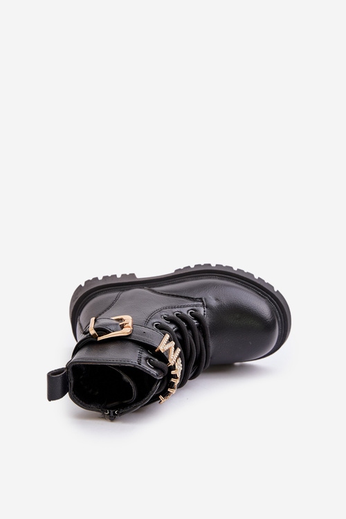 Dievčenské boty z eko kože zateplené s ozdobným pásikom čierne Gilian