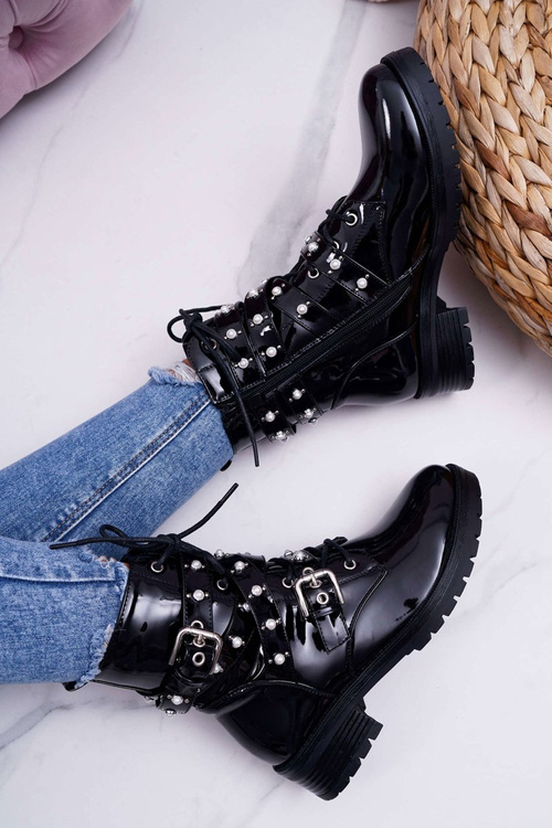 Dámské Kotníkové Boty Lakované s Perlami černé Domination