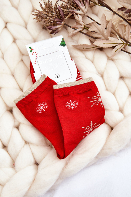 Dámske ponožky s slávnostnými vzormi snehové vločky červené