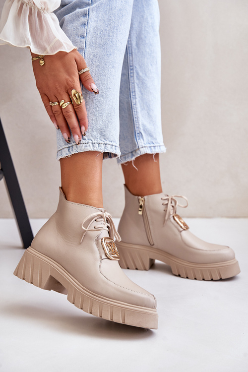 Zazoo 2952 Kožené Boty Se Zlatou Dekorací Béžové