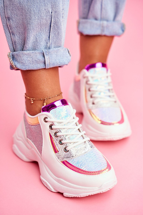 Dámske športové trblietavé topánky biele vebi