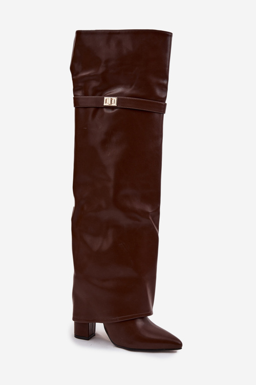 Zateplené čižmy s preklopeným horným dielom nad kolenom podpätok blok hnedé Serelle