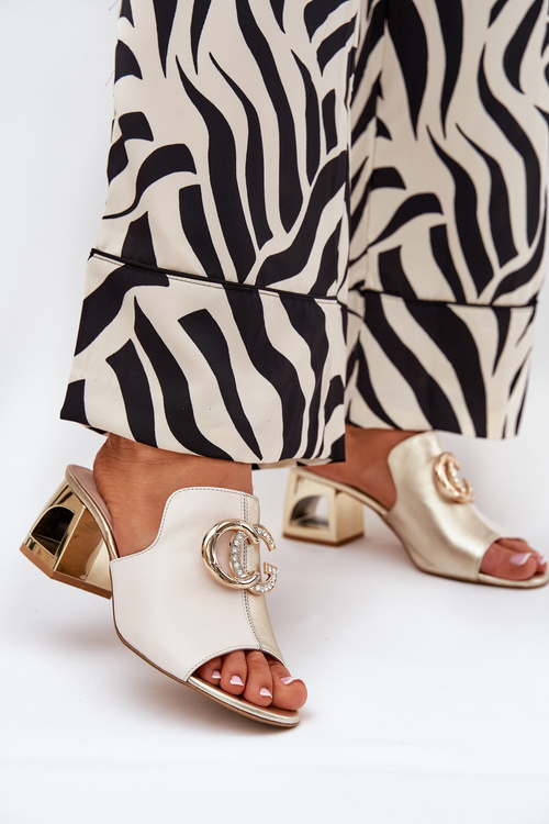 Elegantní Kožené Pantofle Na Podpatku Béžovo-Zlaté Laura Messi 2875