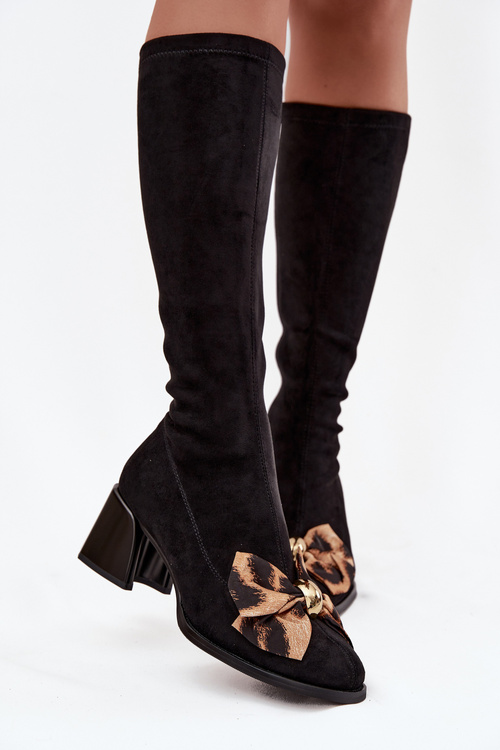 Dámske čižmy na kocku s ozdobnou mašľou D&A JC52-828 Čierne