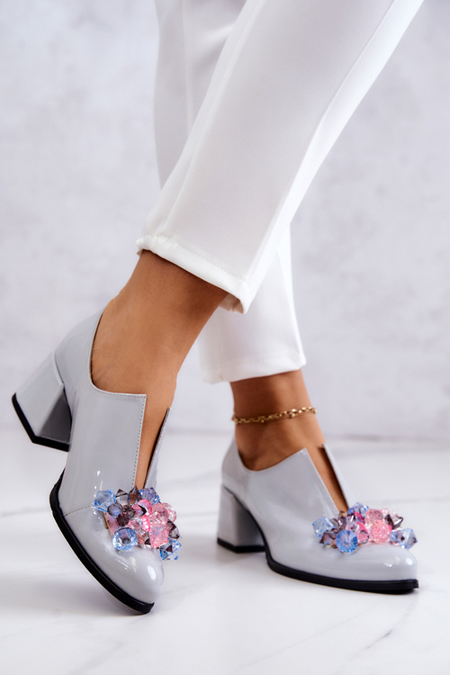 Maľované kožené topánky hladké s dekoráciou šedý delaver