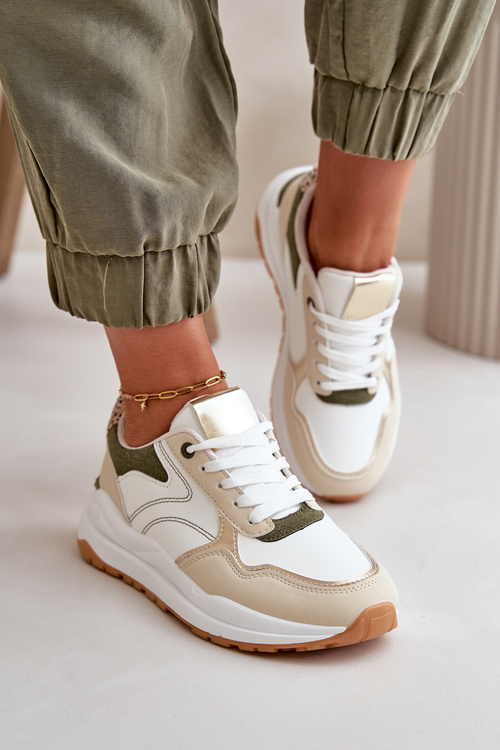 Dámske Sneakersy Na Platforme Z Eko Kože Béžovo-Zelené Issatta