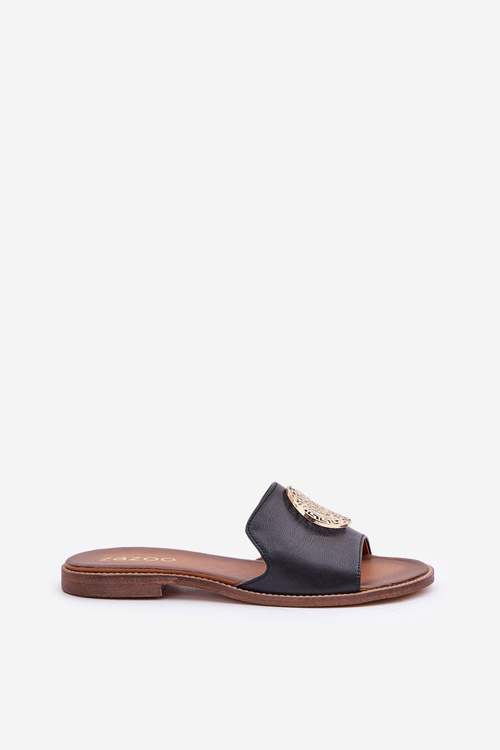 Kožené Šľapky S Dekoráciou Na Plochom Opätku Zazoo 3047/O Čierne